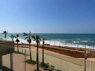 a beach with palm trees and the ocean at Le Carrousel Appartement in front of the see in Rabat