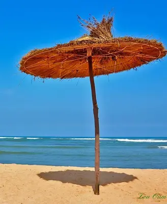 a straw umbrella on a beach with the ocean at Idéal séjour Cozy aprt bouznika piscine et plage in Bouznika