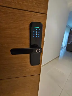 a black door handle on a wooden door at Cozy Apartment with Veranda Downtown in Casablanca