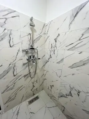a bathroom with a shower with white marble walls at L'Appartement Harmonia Cozy in Casablanca