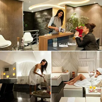 two pictures of a woman in a hotel room at Cozy Central - Gym & Spa Srvcs in Casablanca