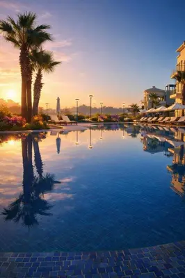 a large swimming pool with palm trees in a city at Appart Residence Haut Standing in Bouznika