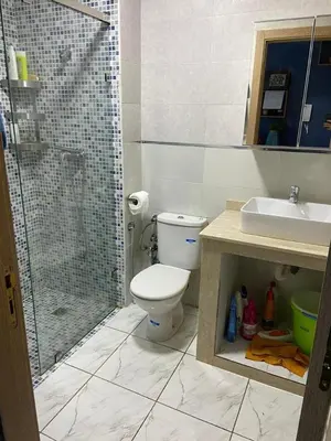 a bathroom with a shower and a toilet and a sink at Apparemment TAMARIS in Dar Bouazza