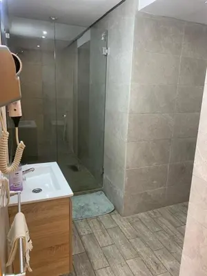 a bathroom with a shower and a white sink at Cosy 80 m2 with 2 balcony 5min Hassan 2 in Casablanca