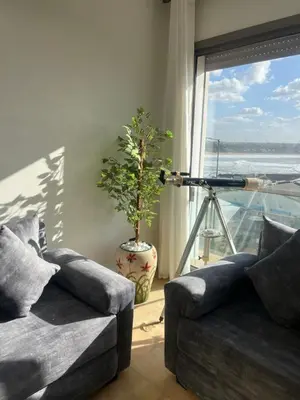 a room with two couches and a plant in front of a window at Luxurious Apt - Sea View in Pont Blondin