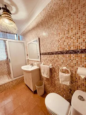 a bathroom with a toilet and a sink and a mirror at Magnificent studio for two in the center of Casablanca in Casablanca