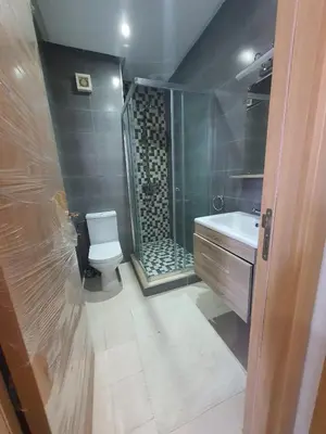 a bathroom with a shower and a toilet and a sink at Résidence Balnéaire, Appartement 2 Chambres in Mansouria
