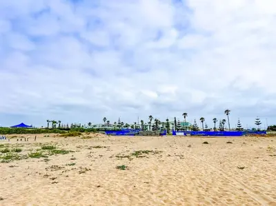 a sandy beach with palm trees in the background at Premium Appartement vue panoramique mer et piscine in Casablanca