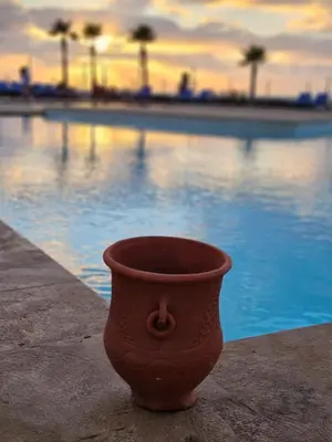 a brown pot sitting next to a swimming pool at Appartement 2 Chambres in Sidi Rahal