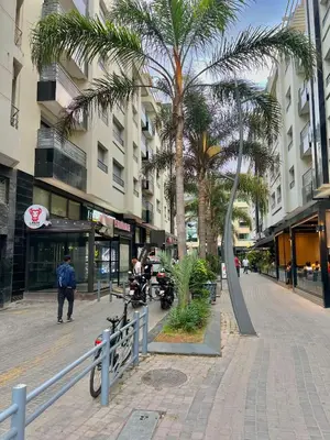 a street with palm trees and a man on a motorcycle at D22 Appartement haut standing au Maarif, confort in Casablanca