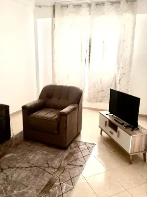 a living room with a brown couch and a television at Mohammed V Airport Appartement in Deroua