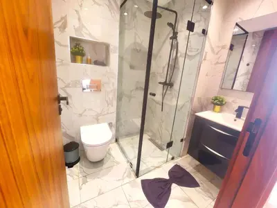 a bathroom with a shower and a toilet and a sink at Welcome Home Palmiers in Casablanca