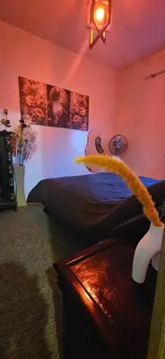 a bedroom with a bed with an orange tail at Quiet and Cozy Apartment in Casablanca