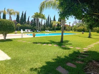 a swimming pool in a park with a palm tree at Superbe villa à Bouznika in Bouznika