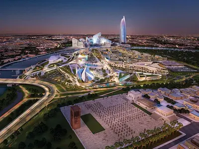 an aerial view of a city at night at Studio l'Escale D'Agdal in Rabat