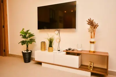 a living room with a tv on a wall with plants at Studio 07 Maarif - High Speed Wi-Fi in Casablanca