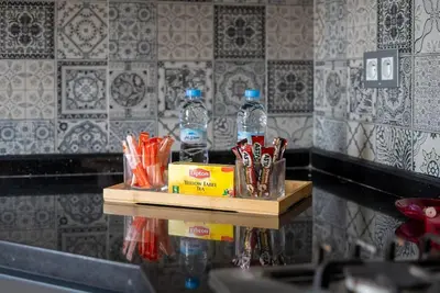 a counter with two bottles of water on a table at Casablanca mosquée hassan 2 in Casablanca
