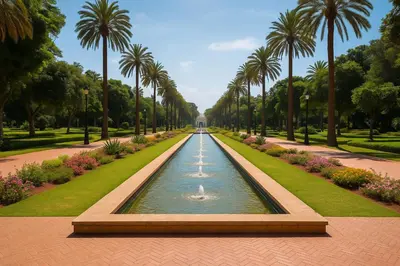 a fountain in the middle of a park with palm trees at Confort & Charme à Casablanca in Maarif