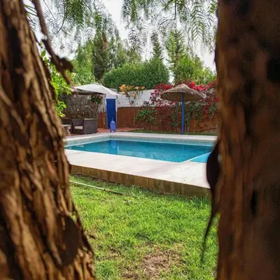 a swimming pool in a yard with an umbrella at Espace happy village settat in Settat