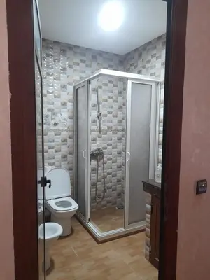 a bathroom with a shower and a toilet in it at Apartament Ines in Skhirat