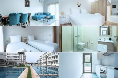 a collage of four pictures of a hotel room at Appartement avec Piscine Proche Plage in Bouznika