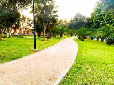 a walking path in a park with palm trees at Cosy calm 2BDR central near train & tramway in Casablanca