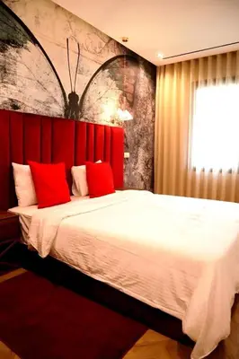 a bedroom with a large bed with red pillows at Studio chaleureux 50m2 avec cuisine au centre de casa et proche du tramway ghandi in Casablanca