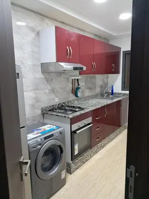 a kitchen with a washing machine and red cabinets at Pierro in Maarif
