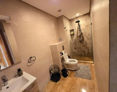 a bathroom with a shower and a toilet and a sink at Luxe & Confort in Cité de Bournazel