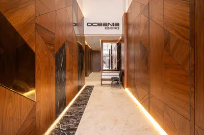 a hallway with wood paneled walls and a walkway at Premium Stay - Promenade Hassan II in Casablanca