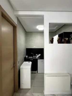 a small bathroom with a sink and a counter at 1 bed apt In Prestigia hay Riad rabat in Rabat