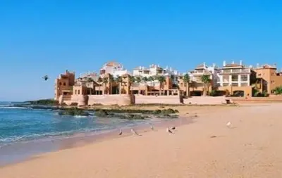 a group of birds walking on a beach with houses at résidence les perles de Bouznika in Bouznika