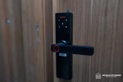 a black door handle on a wooden door at Acacia Studio 01 in Casablanca