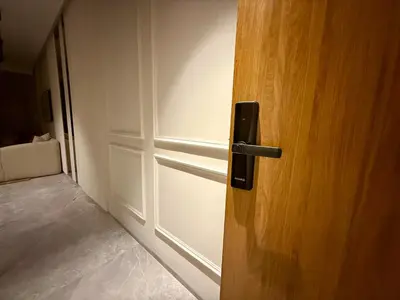 an open door in a room with a door at Parking - Stunning View - Modern cozy and central in Casablanca