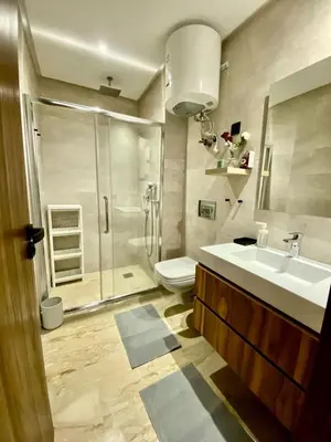 a bathroom with a shower and a sink and a toilet at Très beau appartement a tadart au centre de casablanca in Casablanca
