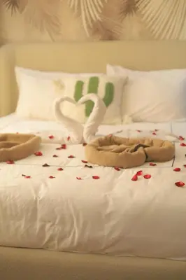 a bed with two swans made out of hearts at Charmant studio au cœur de Maarif - Confort balcon et emplacement idéal in Casablanca