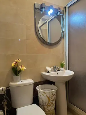 a bathroom with a toilet and a sink and a mirror at Appartement Skhirat , vue sur mer in Skhirat