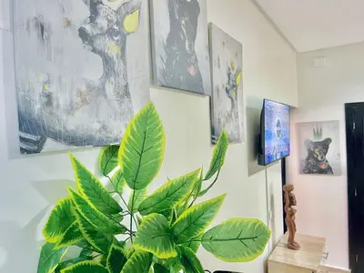 a room with a plant and paintings on the wall at Apartment in rabat agdal in Rabat