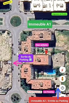 a map of an intersection with a building at Appart Haut Standing, Très Calm à Nouaceur, Parking, Piscine, à 4min de l'Aéroport in Casablanca