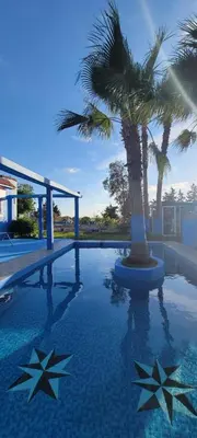 a swimming pool with a palm tree and stars at Auberge Abrar in O Ben Slimane