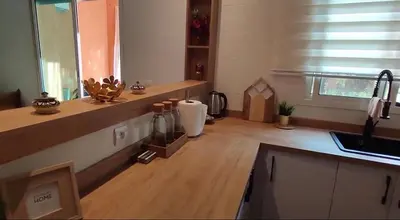 a kitchen with a sink and a wooden floor at Ricoflores Mansouria in Mansouria