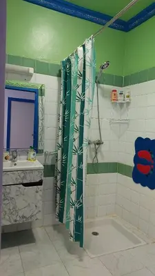 a bathroom with a shower and a sink at Dar Indigo in Temara