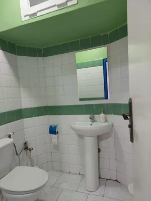 a bathroom with a sink and a toilet and a mirror at Dar Indigo in Temara