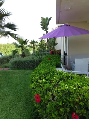 a purple umbrella and a bush with red flowers at Magnificent Luxury Beach Villa in Savannah Beach in Dar Hamida