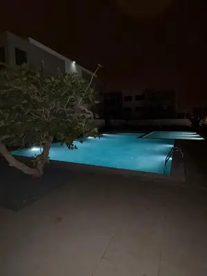 a swimming pool at night with a tree next to it at Bain de soleil à Dar Bouazza in Dar Bouazza