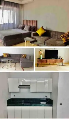 two pictures of a living room with a couch at Large bright and centrally located studio in Casablanca
