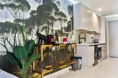 a kitchen with a mural of trees on the wall at Studio de charme face corniche de Casablanca in Casablanca