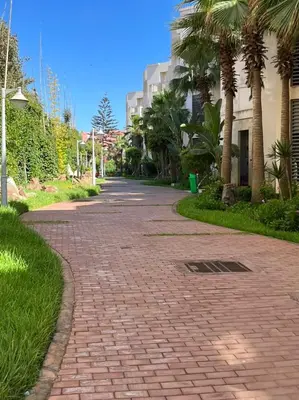 a brick road with palm trees and buildings at beach front gardens in Mohammedia