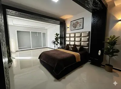 a bedroom with a bed and a large window at Luxury Villa with pool 6 min to Football Stadium CAF in Rabat