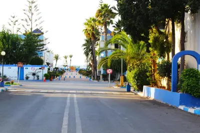 an empty street with palm trees and a building at Palm beach in Mansouria in O Ben Slimane